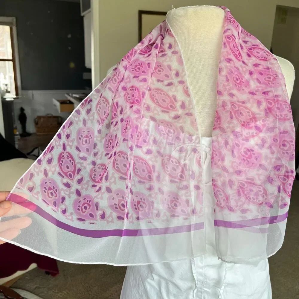 VTG Sheer Pink Paisley Scarf Oblong Chiffon Cottagecore Boho Romantic